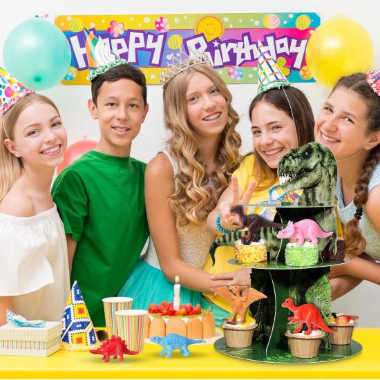Censen 3 Tier Dinosaur Cupcake Stand Party Decorations 24 Pcs Dinosaur Figure Toys Cupcake Toppers Holder Dessert Tower for Boys Jungle Theme