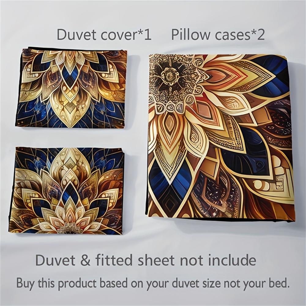 Golden Mandala Floral 3-Piece Duvet Cover Set with 2 Pillowcases - Breathable Polyester, All-Season, Machine Washable