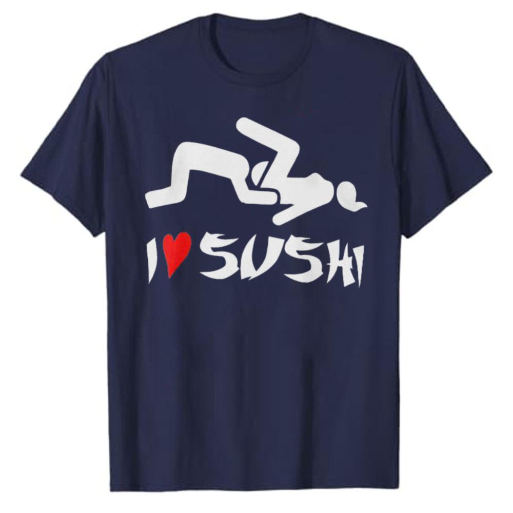 Abstract Brush Calligraphy I Love Sushi Red Heart Graphic Cotton Tshirt Japanese Food Retro Streetwear Loose Unisex Daily Tops