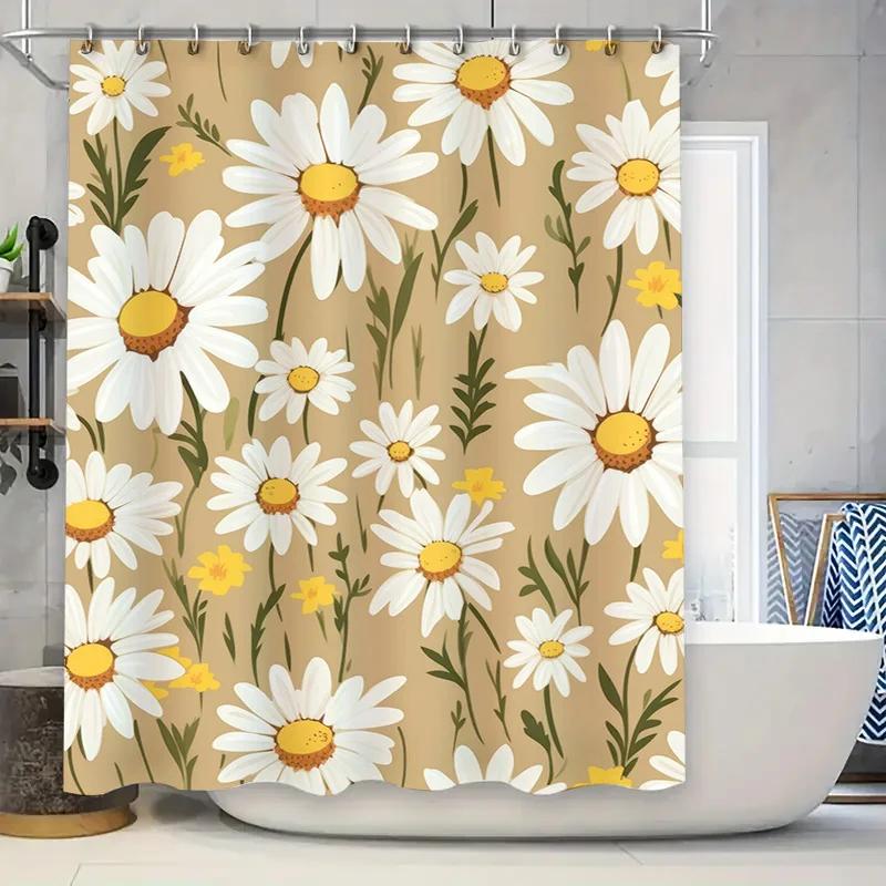 

Vintage Floral Shower Curtain White Yellow Daisy Print Waterproof Fabric for Bathroom Decor – 72 x84 (Brown Background) W90xH180cm