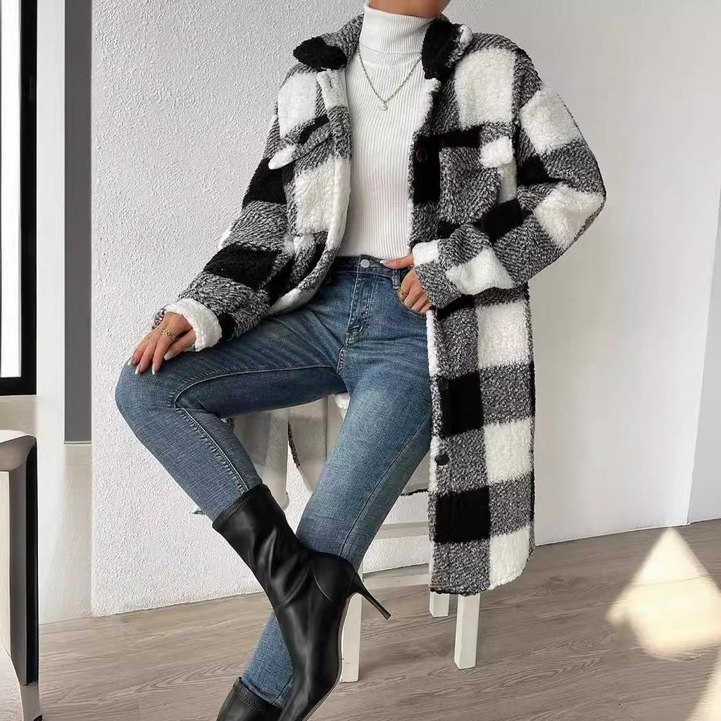 Autumn and Winter Buttoned Lapel Plush Plaid Skirt Loose Temperament Commuting Long Coat Women