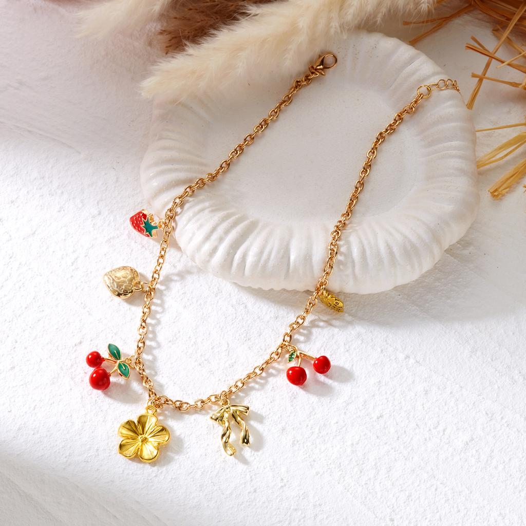Charm Flower Bowknot Cherry Strawberry Pendant Necklace for Women Fashion Gold Color Metal Choker Chain Dainty Party Jewelry