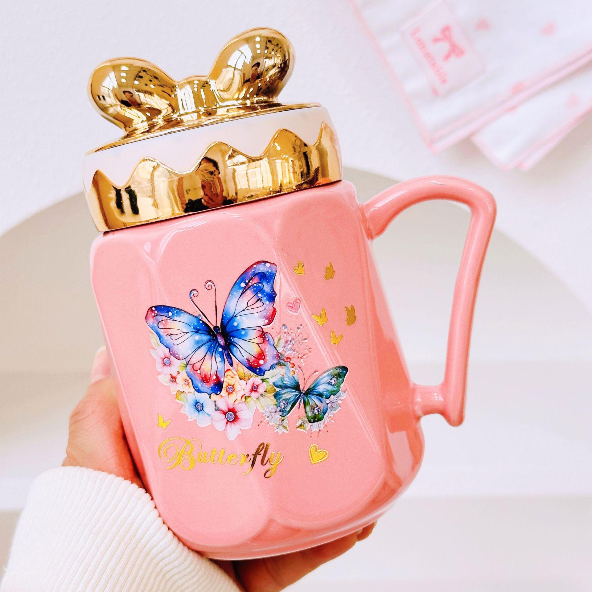 

Butterfly Ceramic Mug with Lid Office Gift Water Cup Girls Souvenir Gift 350ML