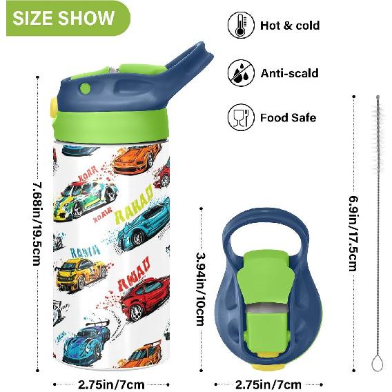 Boccsty Bright Race Car Truck Kids Water Bottle with Straw Lid Sport Cars ulated Stainless Steel Reble Tumbler for Boys Girls Toddlers 12 oz Green
