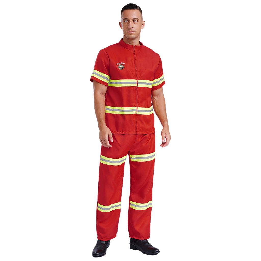Herren Feuerwehrmann Rollenspiel Kostüm Reflektierender Streifen Jacke Hose Set mit Helm Gürtel