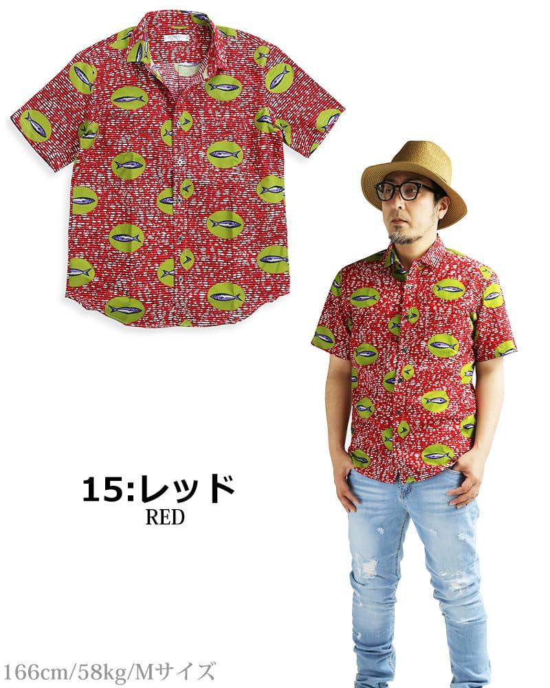 Quintet African Print Fish Polka Short Sleeve African Made In VINTAGE EL Shirt, Print, Border, Dots, Men's Shirt, Batik, Japan, 11-70553 (M, 15, Red)