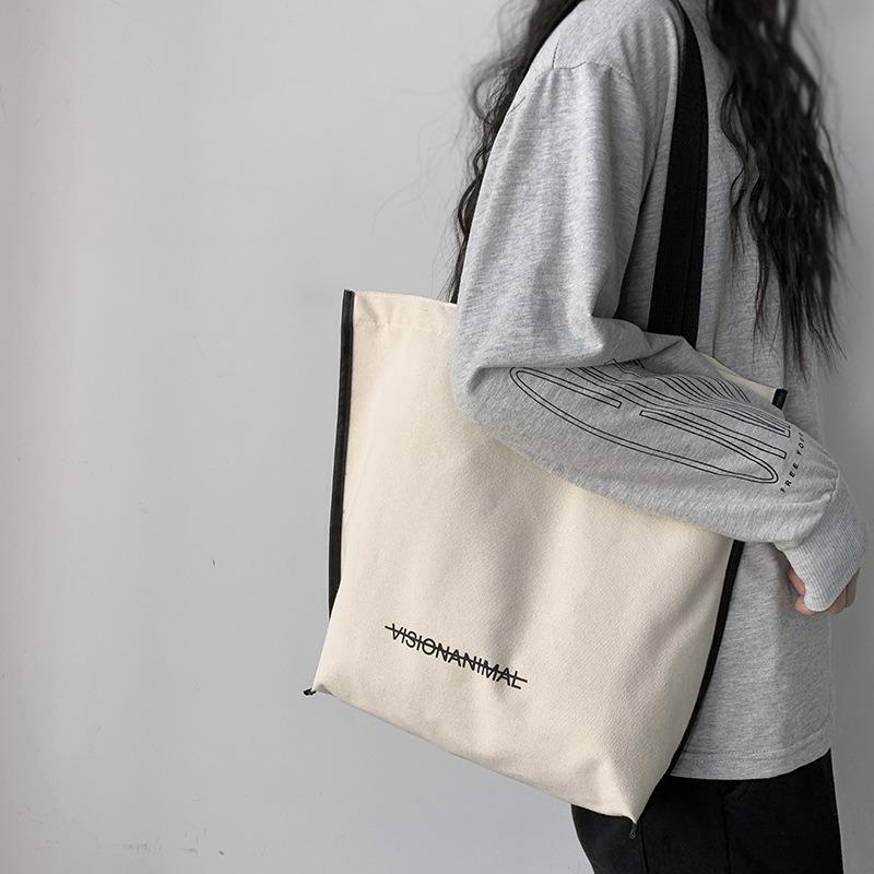 New Canvas Bag Women Shoulder Simple Letter Literary Tote Shopping Book Bag