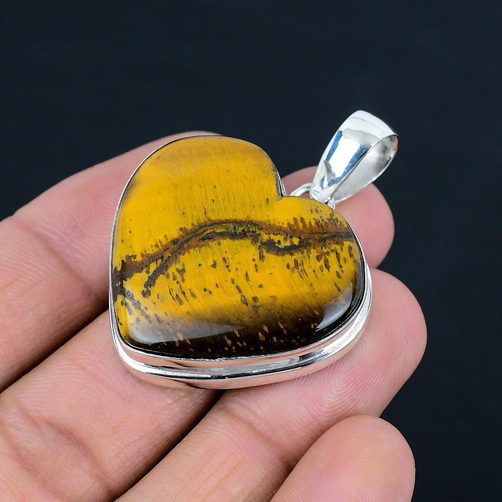Naturlig hjärtformad tigeröga ädelstenshänge, 925 sterlingsilver, hängesmycke, handgjort silverhänge smycke för gåva, påskgåva