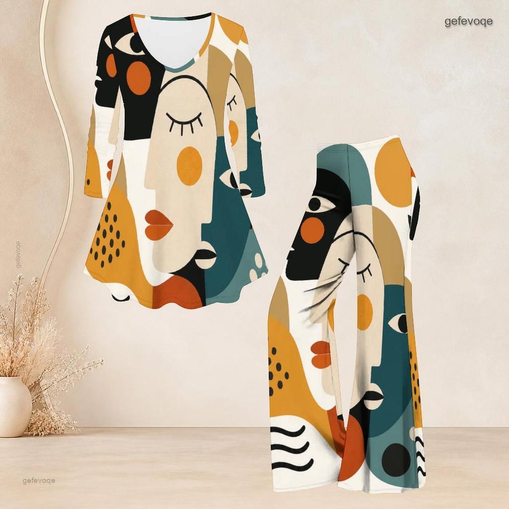 Women Plus Size Pink Blue Beige Printed V Neck Three Quarter Sleeve Flared Top And Flared Pants Two Piece Set