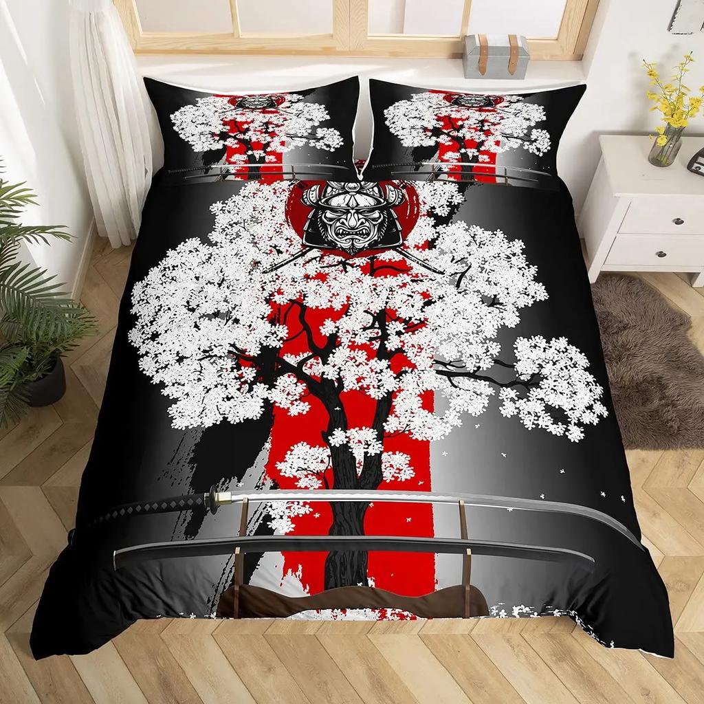 Japanese Style Crane Soft Duvet Cover Set Ful Sized Dimensions,Exotic Red Sun Sea Waves Beding Sets,Vintage Ukiyoe Traditional Warm Comforter Cover