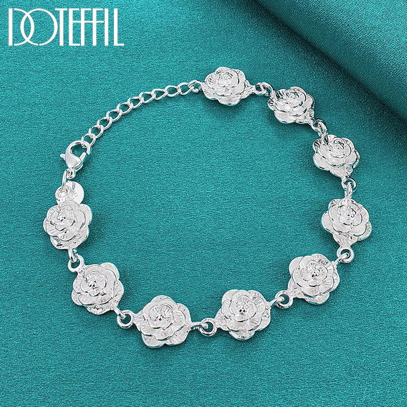 DOTEFFIL 925 Silber Volle Rose Blume Kette Armband für Frauen Hochzeit Verlobungsparty Mode Charme Schmuck