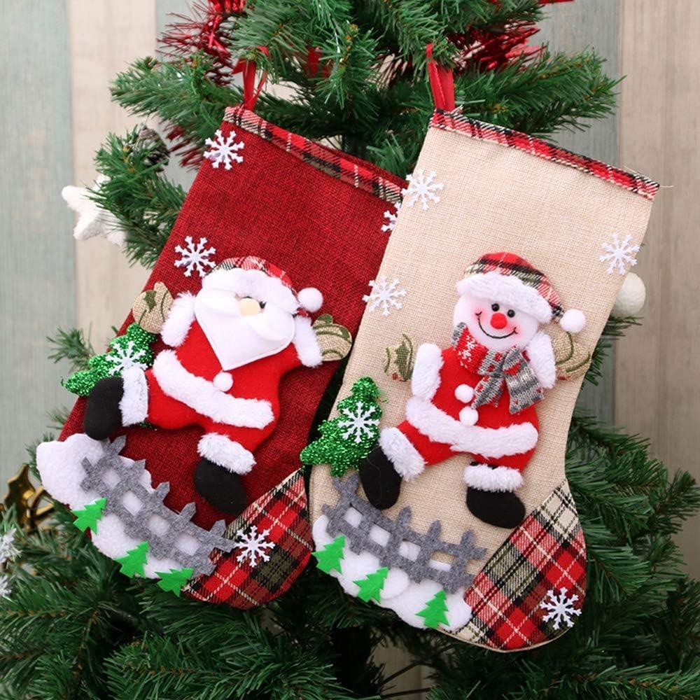 1/4 Pcs Large Handmade Christmas Stockings with Santa Snowman Reindeer Prints, Xmas Party Gift Bag Decor