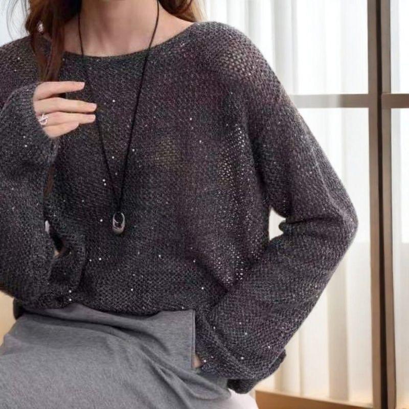 Autumn Layered Pullover with Chic Design Sequined Sweater Retro Light Luxury Casual Loose Long-sleeved Blouse Top