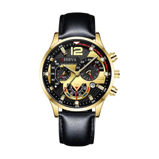 

Мужские кварцевые часы с круглым циферблатом, трехглазым календарем, регулируемым 6-контактным ремешком из искусственной кожи, механические без задержки, высокоточные ежедневные наручные часы Timepieceh золотистый