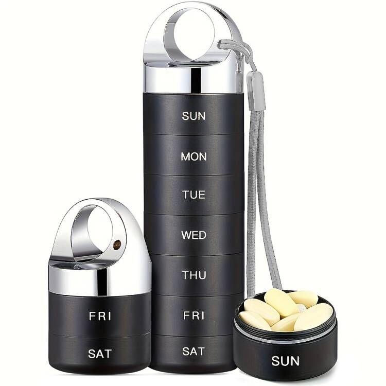 Metal Travel Pill Organizer, Portable Waterproof Weekly Pill Box, Large Aluminum Alloy Container, 7 Day Daily Medicine Organizer