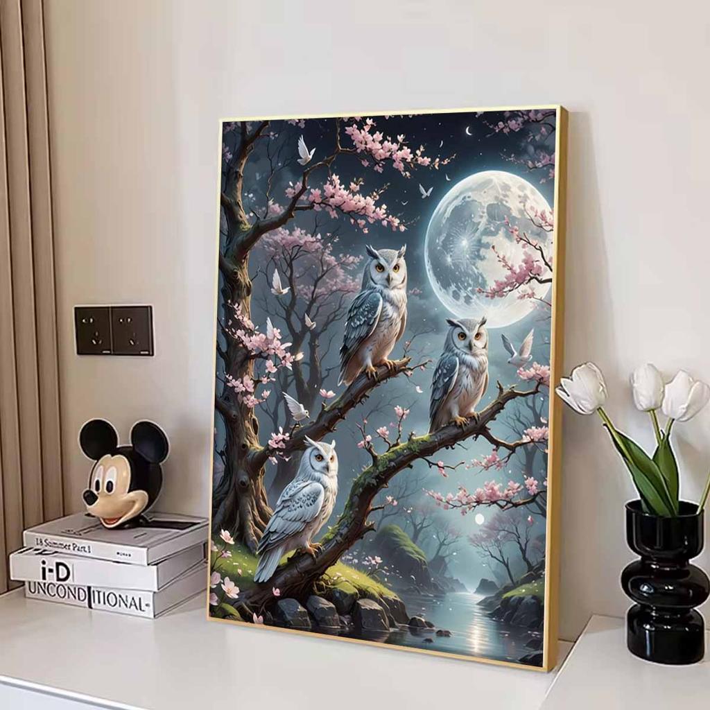 Owl Diamond Art Piece Set, Moonlight 5D Diamond Painting DIY Rhinestone Gem Cross Stitch Craft and Artwork Decoration Home Wall Mural