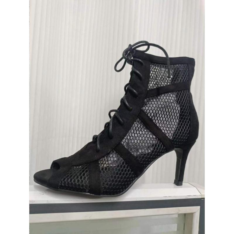 Aneikeh 7CM Middle Heel Ankle Strap Hollow Out Mesh Ankle Boots 2023 Fashion Summer Lace Up Cross-tied Peep Toe Surface Women Dress Shoes Size 35-43