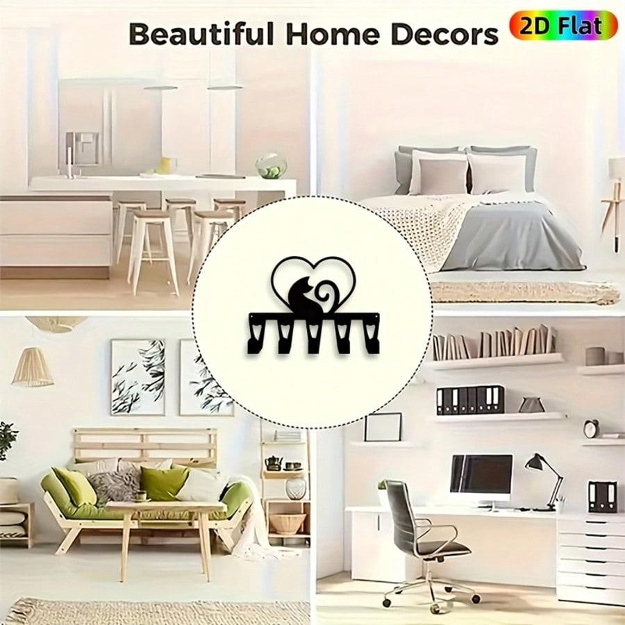 Modern Cat Heart Key Holder Metal Wall Art 5 Hooks Minimalist Entryway Decor