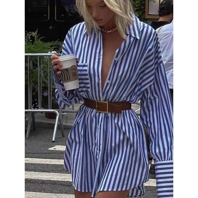 Mid-Length Shirts Loose Stripe Patchwork Shirt Dress Striped Mid Length Shirt