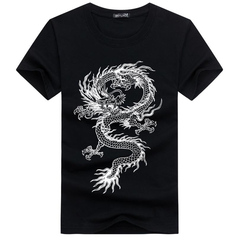 Men's Dragon Printed Cotton Short Sleeve T-shirt Man Large Size Streetwear Tee Loose Casual T Shirt