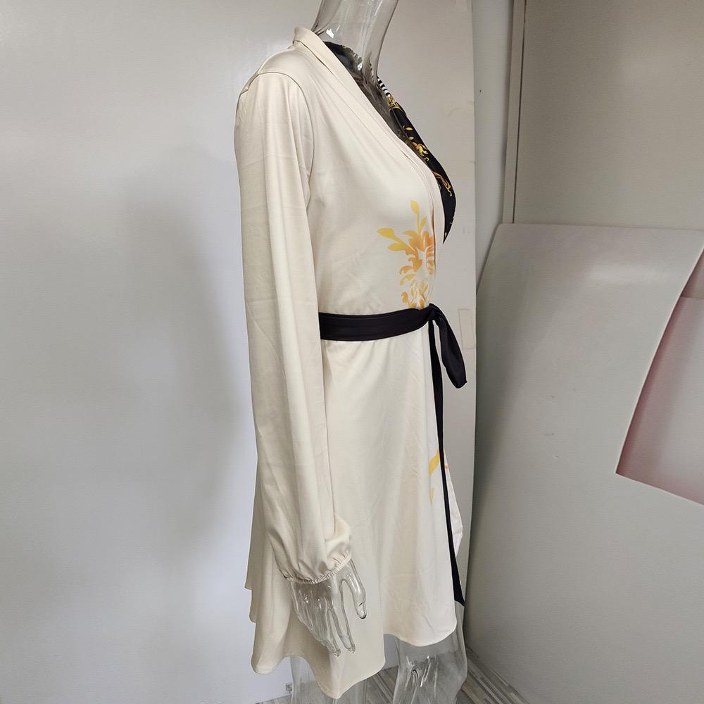 LaAe Up Print Mini Dress Women Fashion V-neck Long Sleeve Dresses for Women OffiAe Elegant A-line Robe Red