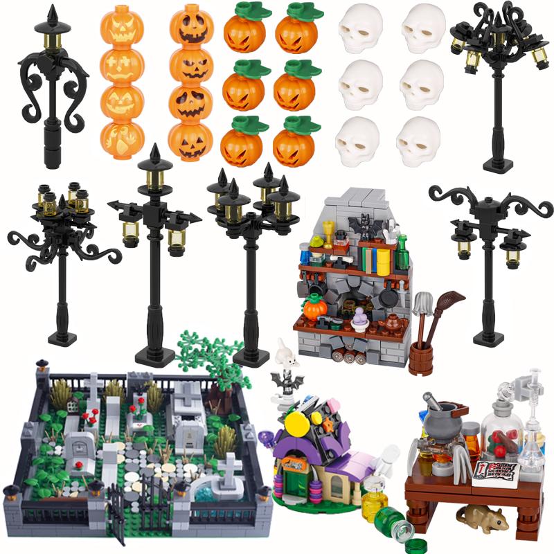 City Halloween MOC Bricks Pumpkin Building Blocks Street View Piano Tombstone Skeleton Ghost Bat Snake Accessories Bricks Toy
