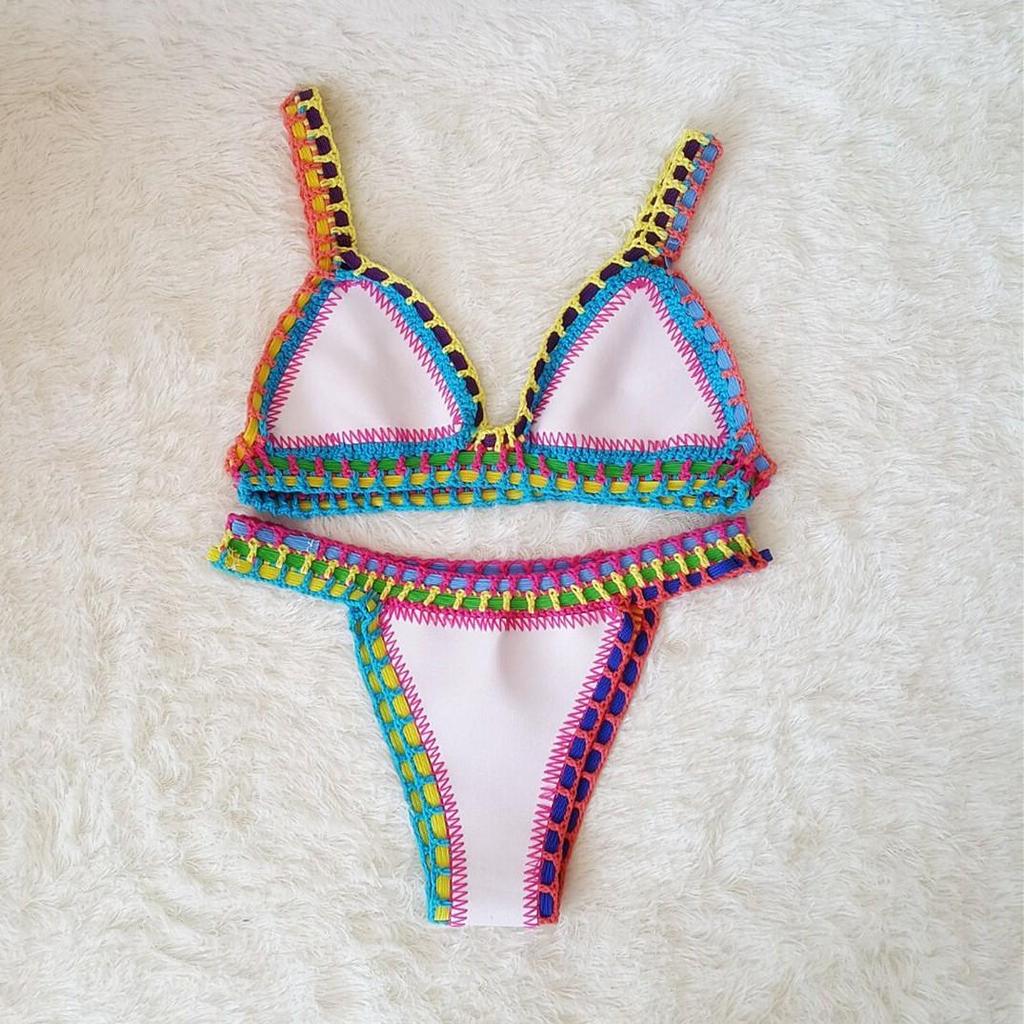 Europäisch-Amerikanisches Häkel-Farbblock-Bikini-Set: Sexy Neopren Strandbademode für Frauen