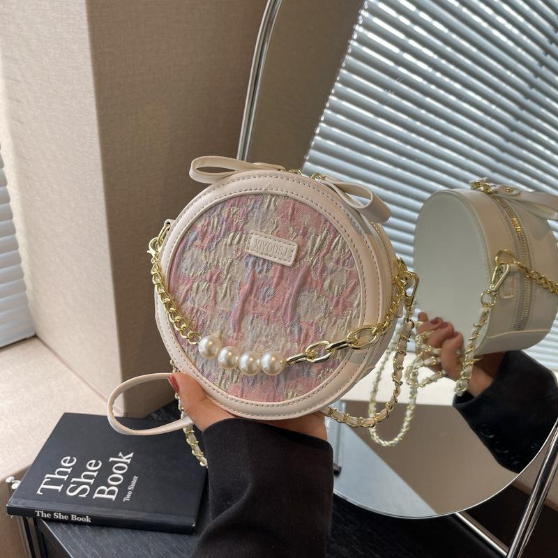 Niche bead chain round cake bag women's new fashionable versatile small round bag casual texture shoulder messenger bag