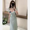 Blue A-Line Summer Dress with Three-Dimensional Flowers, Square Neck, Waist-Slimming Design for Women