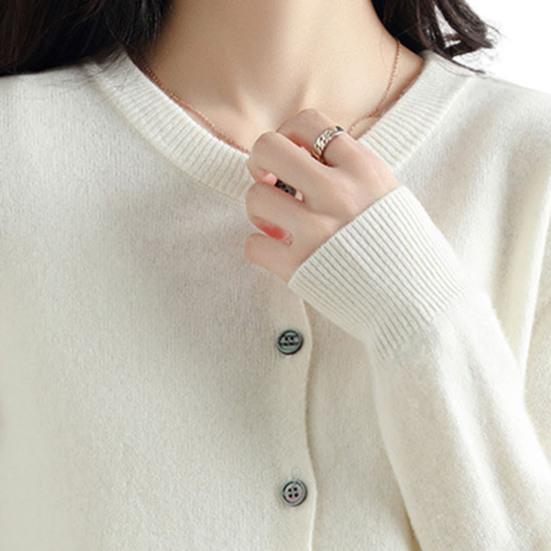 Women Knitted Sweater Coat Round Neck Long Sleeve Single Breasted Solid Color Knitting Cardigan Daily Wear