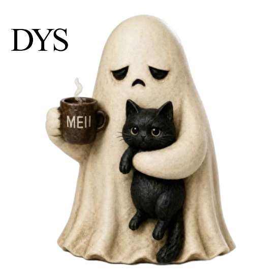 Ghost Holding Cat Statue Meh Mood Figurine, Cute Black Vintage Statue, Halloween Tabletop Ornament for Home Office Decor Resin