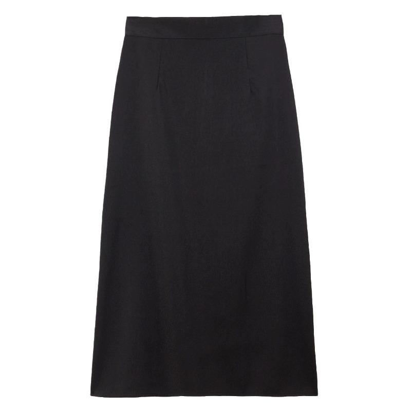 Women's Summer 2024 Black A-Line High Waist Long Skirt with Back Slit Design