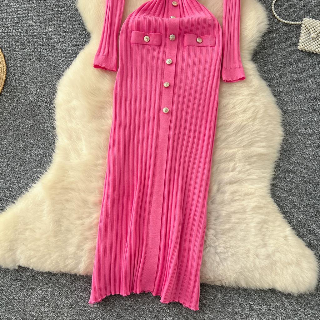 Autumn Winter Women Elegant Turn-down Collar Full Sleeve Knitted Sweater Long Maxi Sheath Dresses