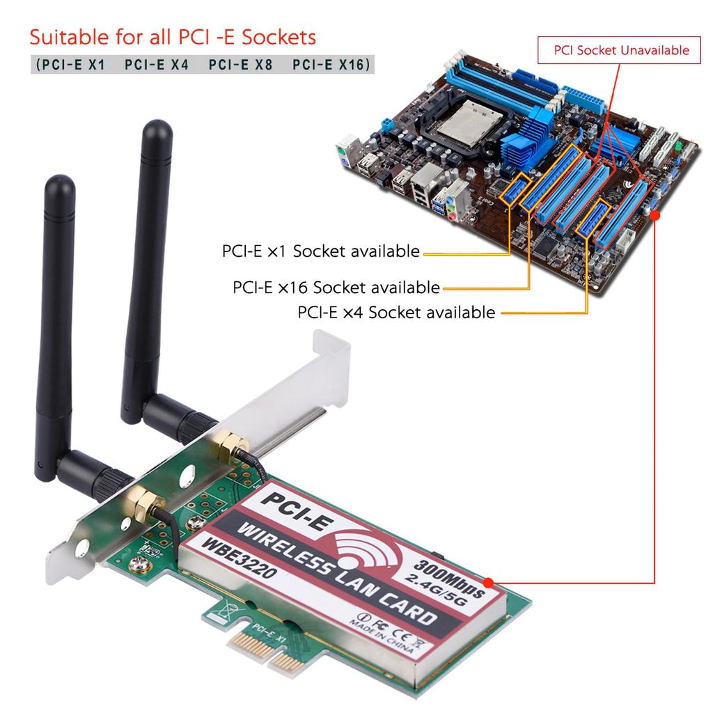 2.4G 5G 300Mbps PCI‑e Dual Band AP Wireless WiFi WLAN Adapter For Laptop