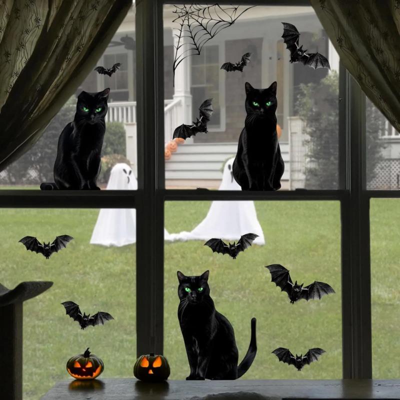 Halloween Glass Window Sticker Horror Scene Atmosphere Decoration Supplies Themed Party Decoration Spider Web Black Cat Bat