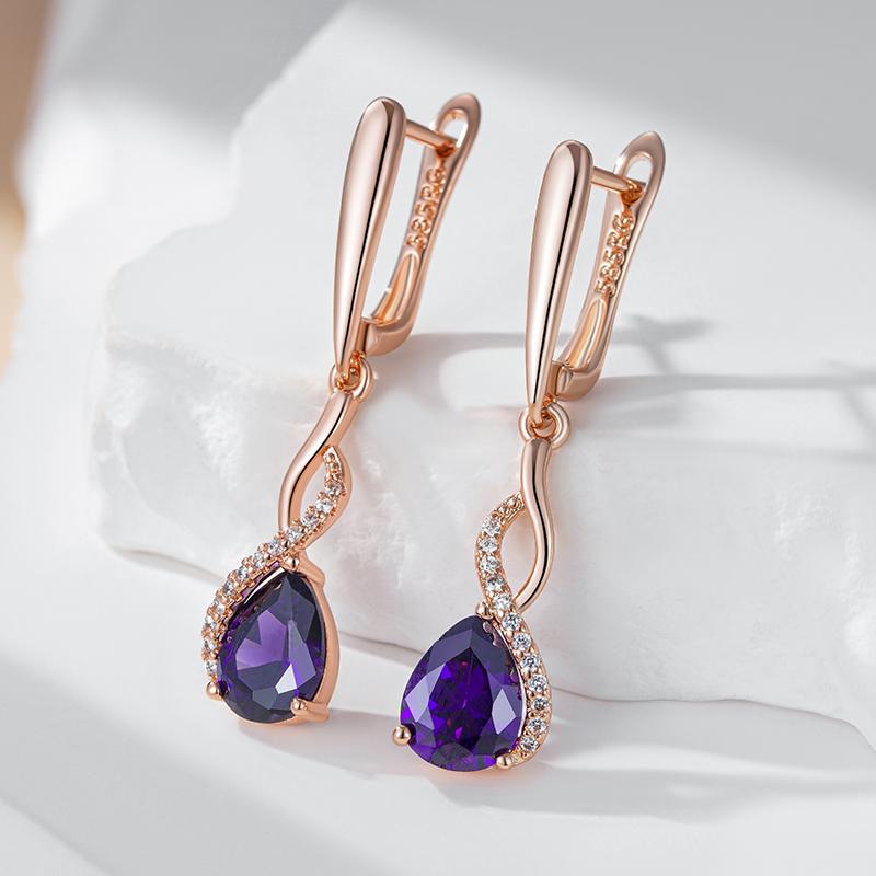 Shiny Purple Natural Zircon Long Dangle Earrings For Women  Rose Gold Color Vintage Ethnic Bride Daily Fine Jewelry