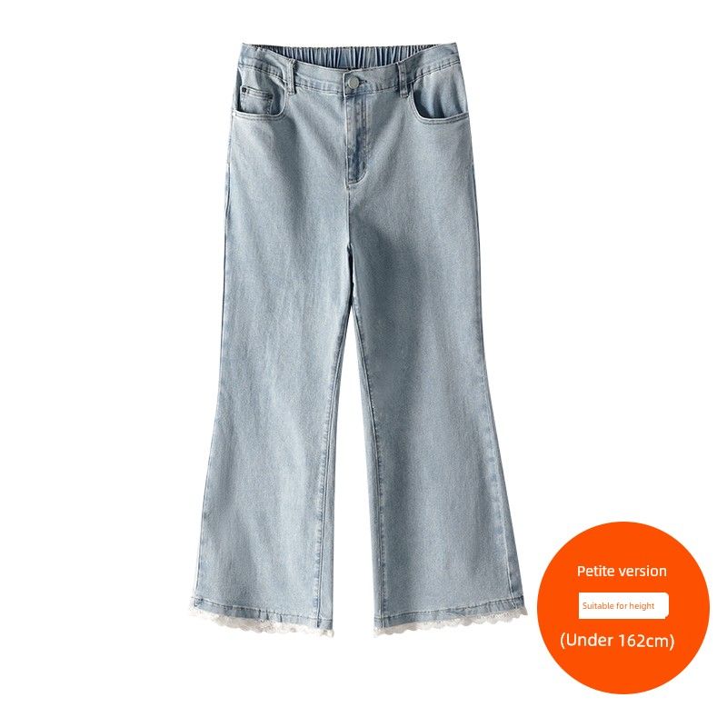 

Plus size women clothing [Super Slimming Bootleg Pants] Three Pants Length Summer Slimming Lace Stitching Stretch Jeans Light blue (under 162cm) 34