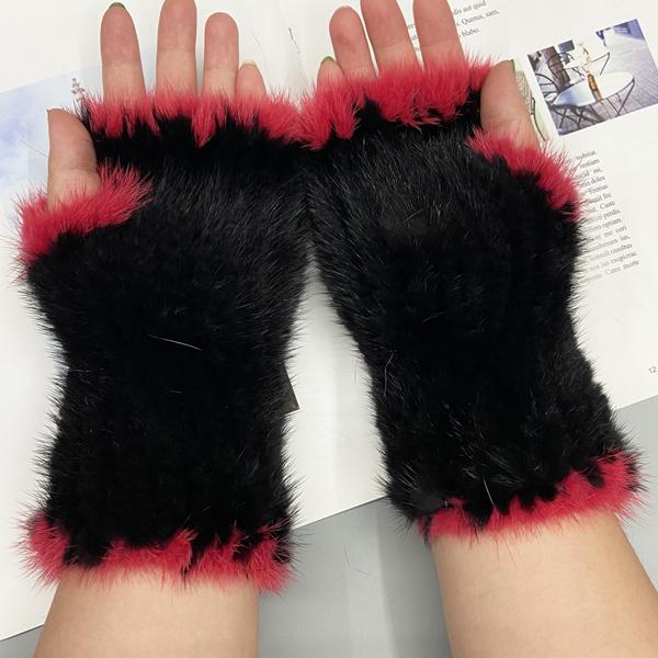 Winter Gloves for Women Natural Mink Fur Knitted Fingerless Solid Warm Elastic Gloves