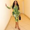 European and American Style Printed Celebrity Women's Clothing Waist Retro Hip Skirt High Neck Long Sleeve Green Autumn and Winter New Dress