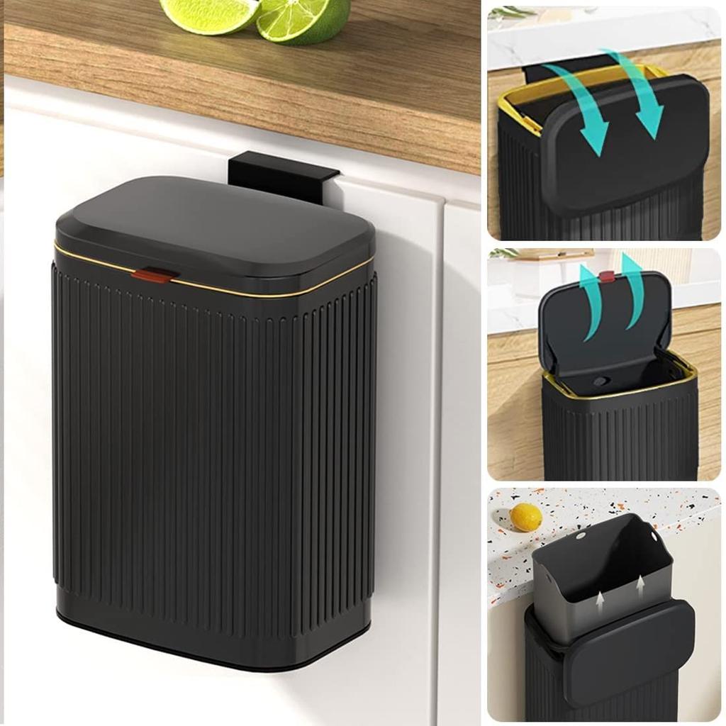 Wall Hanging Trash Can with Lid 8L Kitchen Cabinet Trash Can Stainless Steel Hanging Trash Can with Inner Bucket Kitchen Trash Can (Black)