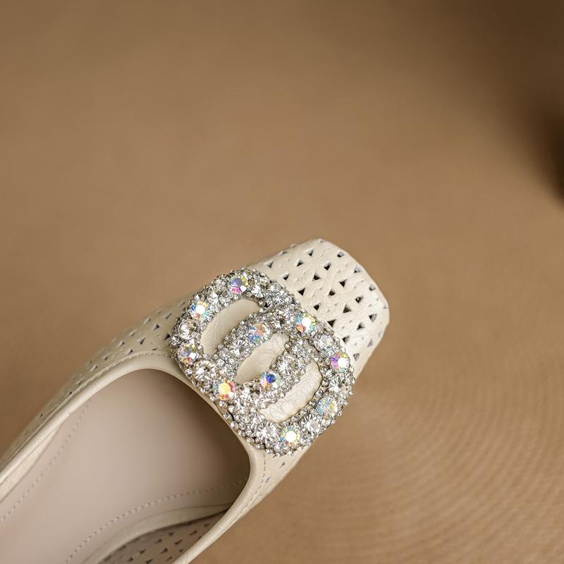 Fashion Women's new summer breathable hole leather cowhide rhinestone accessories with loose grip high heels and toe caps sandals