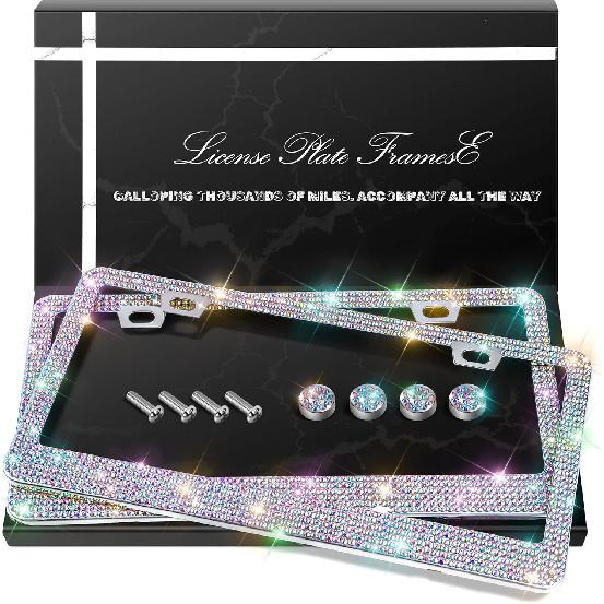 2 Pack Bling License Plate Frames, Sparkly Rhinestone Diamond Car License Plate Cover For Women, Stainless Steel Car Accessories With Glitter Crystal