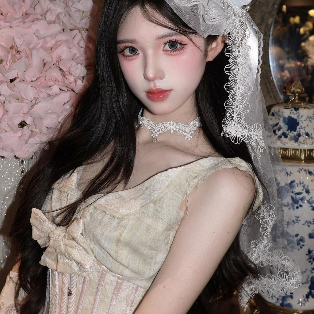 Pure Desire Wind White Lace Flower Tassel Necklace Vintage Court Wind Pearl Neck Strap Sweet Lolita Collarbone Chain