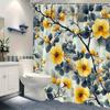 1 yellow floral shower curtain with dark teal leaves, soft grey background, polyester fabric with hooks, machine washable