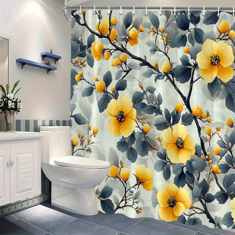1 yellow floral shower curtain with dark teal leaves, soft grey background, polyester fabric with hooks, machine washable