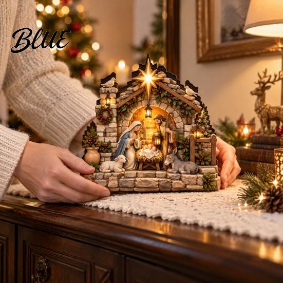Rustic Farmhouse Christmas Decor Nativity Scene Table Decoration with LED Light 2D Flat Wooden Tabletop Sign Decorations Light Up Tiered Tray