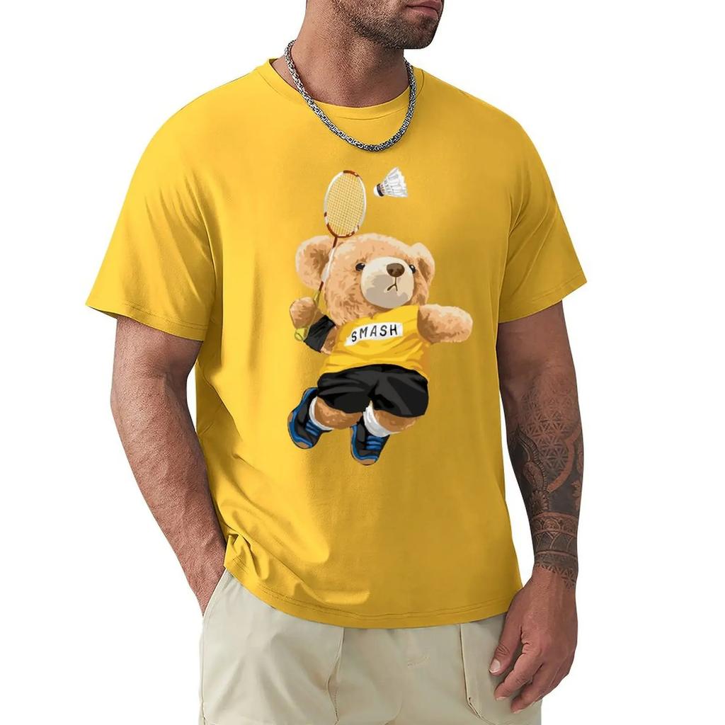 Teddy Bear Playing Badminton T Shirt Harajuku Short Sleeve T-shirt 100% Cotton Graphics Tshirt Tops