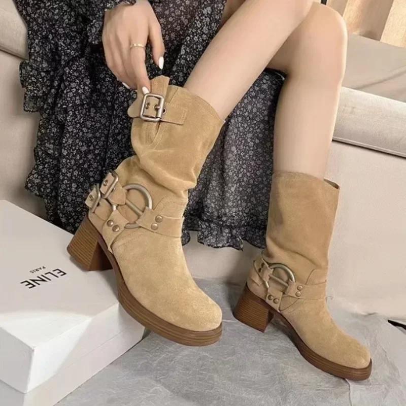 Pantofi pentru femei 2024 Country Retro Cizme cu toc înalt Cizme de damă cu cataramă din metal Design Cizme de damă la mijlocul gambei Zapatos Chunky Mujer