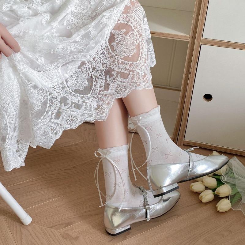 Ladies Spring and Summer Thin Lovely Bow Mesh Breathable Boneless Anti Pilling Ribbon Stack Socks
