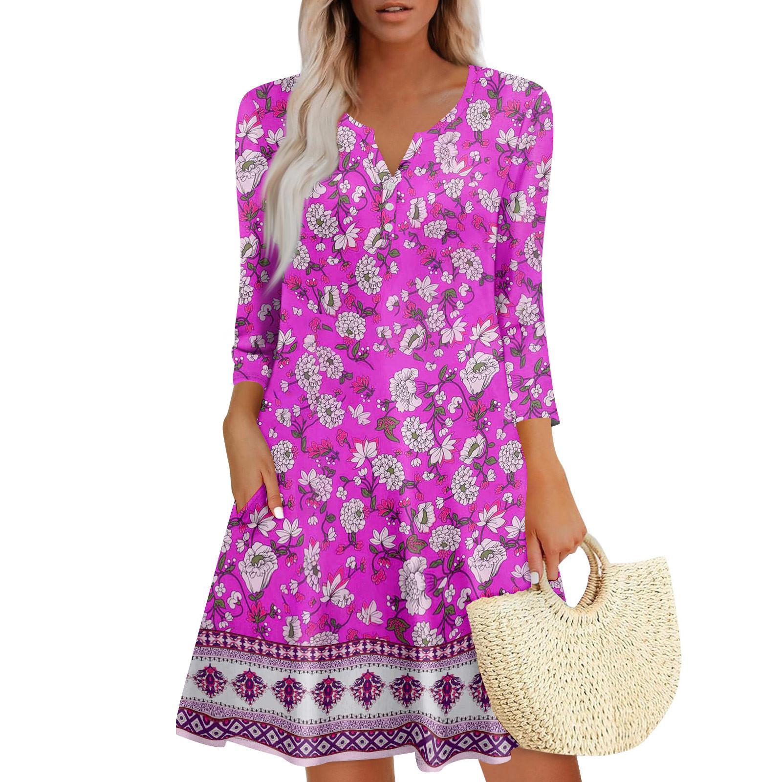 

Женское летнее платье, свободное платье с V-образным вырезом, рукавом три четверти и карманами XL фиолетовый